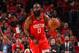 HOUSTON, TX - APRIL 14: James Harden #13 of the Houston Rockets handles the ball against the Utah Jazz during Game One of Round One of the 2019 NBA Playoffs on April 14, 2019 at the Toyota Center in Houston, Texas. NOTE TO USER: User expressly acknowledges and agrees that, by downloading and or using this photograph, User is consenting to the terms and conditions of the Getty Images License Agreement. Mandatory Copyright Notice: Copyright 2019 NBAE (Photo by Bill Baptist/NBAE via Getty Images)