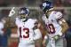 New York Giants wide receiver Odell Beckham Jr. (13) and quarterback Eli Manning (10) celebrate after connecting on a touchdown pass against the San Francisco 49ers during the second half of an NFL football game in Santa Clara, Calif., Monday, Nov. 12, 2018. (AP Photo/Ben Margot)