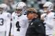 Oakland Raiders quarterback Derek Carr (4) and head coach Jon Gruden meet on the field during practice before an NFL football game against the Cincinnati Bengals, Sunday, Dec. 16, 2018, in Cincinnati. (AP Photo/Gary Landers)