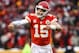 KANSAS CITY, MO - JANUARY 12: Patrick Mahomes #15 of the Kansas City Chiefs points to the sidelines in celebration after throwing a touchdown against the Kansas City Chiefs during the first quarter of the AFC Divisional Round playoff game at Arrowhead Stadium on January 12, 2019 in Kansas City, Missouri. (Photo by Jamie Squire/Getty Images)