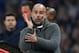 Manchester City's Spanish manager Pep Guardiola gestures during the UEFA Champions League quarter final second leg football match between Manchester City and Tottenham Hotspur at the Etihad Stadium in Manchester, north west England on April 17, 2019. (Photo by Ben STANSALL / AFP) (Photo credit should read BEN STANSALL/AFP/Getty Images)