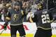 Vegas Golden Knights right wing Alex Tuch, left, celebrates with goalie Marc-Andre Fleury after scoring against the San Jose Sharks during the third period of Game 4 of a first-round NHL hockey playoff series Tuesday, April 16, 2019, in Las Vegas. (AP Photo/John Locher)