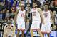 LOUISVILLE, KENTUCKY - MARCH 30: Ty Jerome #11, Kyle Guy #5, Mamadi Diakite #25, and De'Andre Hunter #12 of the Virginia Cavaliers celebrate during overtime of the 2019 NCAA Men's Basketball Tournament South Regional at KFC YUM! Center on March 30, 2019 in Louisville, Kentucky. (Photo by Andy Lyons/Getty Images)