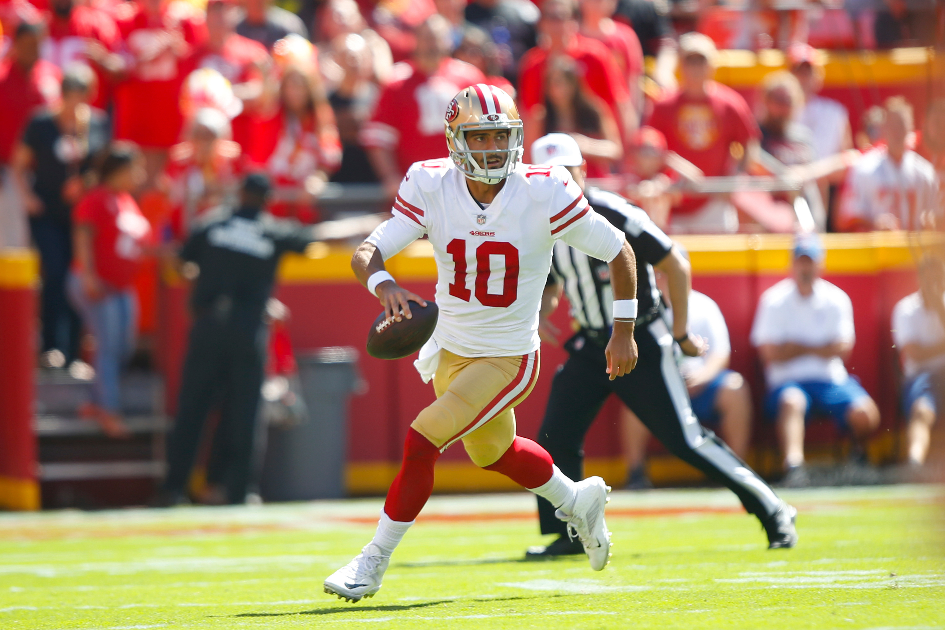 jimmypolo10 showing up to camp wearing a shirt of George Kittle wearing a  shirt of Jimmy Garoppolo. 