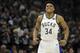 Milwaukee Bucks' Giannis Antetokounmpo before Game 2 of an NBA basketball first-round playoff series against the Detroit Pistons Wednesday, April 17, 2019, in Milwaukee. (AP Photo/Aaron Gash)
