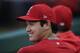 Los Angeles Angels' Shohei Ohtani, of Japan, smiles in the dugout before the team's baseball game against the Milwaukee Brewers, Wednesday, April 10, 2019, in Anaheim, Calif. (AP Photo/Jae C. Hong)