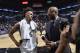 SAN ANTONIO, TX - APRIL 18: Derrick White #4 of the San Antonio Spurs talks with the media after Game Three of Round One of the 2019 NBA Playoffs against the Denver Nuggets on April 18, 2019 at the AT&T Center in San Antonio, Texas. NOTE TO USER: User expressly acknowledges and agrees that, by downloading and or using this photograph, user is consenting to the terms and conditions of the Getty Images License Agreement. Mandatory Copyright Notice: Copyright 2019 NBAE (Photos by Mark Sobhani/NBAE via Getty Images)