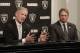 FILE - In this Monday, Dec. 31, 2018, file photo, Mike Mayock, left, speaks as Oakland Raiders head coach Jon Gruden listens at a news conference announcing Mayock as the general manager at the team's headquarters in Oakland, Calif. Mayock knows he will be highly scrutinized with three first-round picks thanks to Gruden's much-criticized trades. (AP Photo/Jeff Chiu, File)