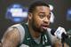 Michigan State forward Nick Ward speaks during an NCAA men's college basketball news conference in Washington, Saturday, March 30, 2019. Michigan State plays Duke in the East Regional final game on Sunday. (AP Photo/Alex Brandon)