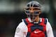 BOSTON, MASSACHUSETTS - APRIL 15: Blake Swihart #23 of the Boston Red Sox looks on during the first inning of the game against the Baltimore Orioles at Fenway Park on April 15, 2019 in Boston, Massachusetts. All uniformed players and coaches are wearing number 42 in honor of Jackie Robinson Day. (Photo by Maddie Meyer/Getty Images)