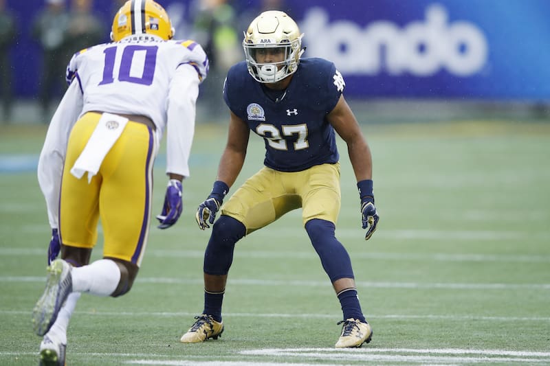 ORLANDO, FL - JANUARY 01: Julian Love #27 of the Notre Dame Fighting Irish in action during the Citrus Bowl against the LSU Tigers on January 1, 2018 in Orlando, Florida. Notre Dame won 21-17. (Photo by Joe Robbins/Getty Images)