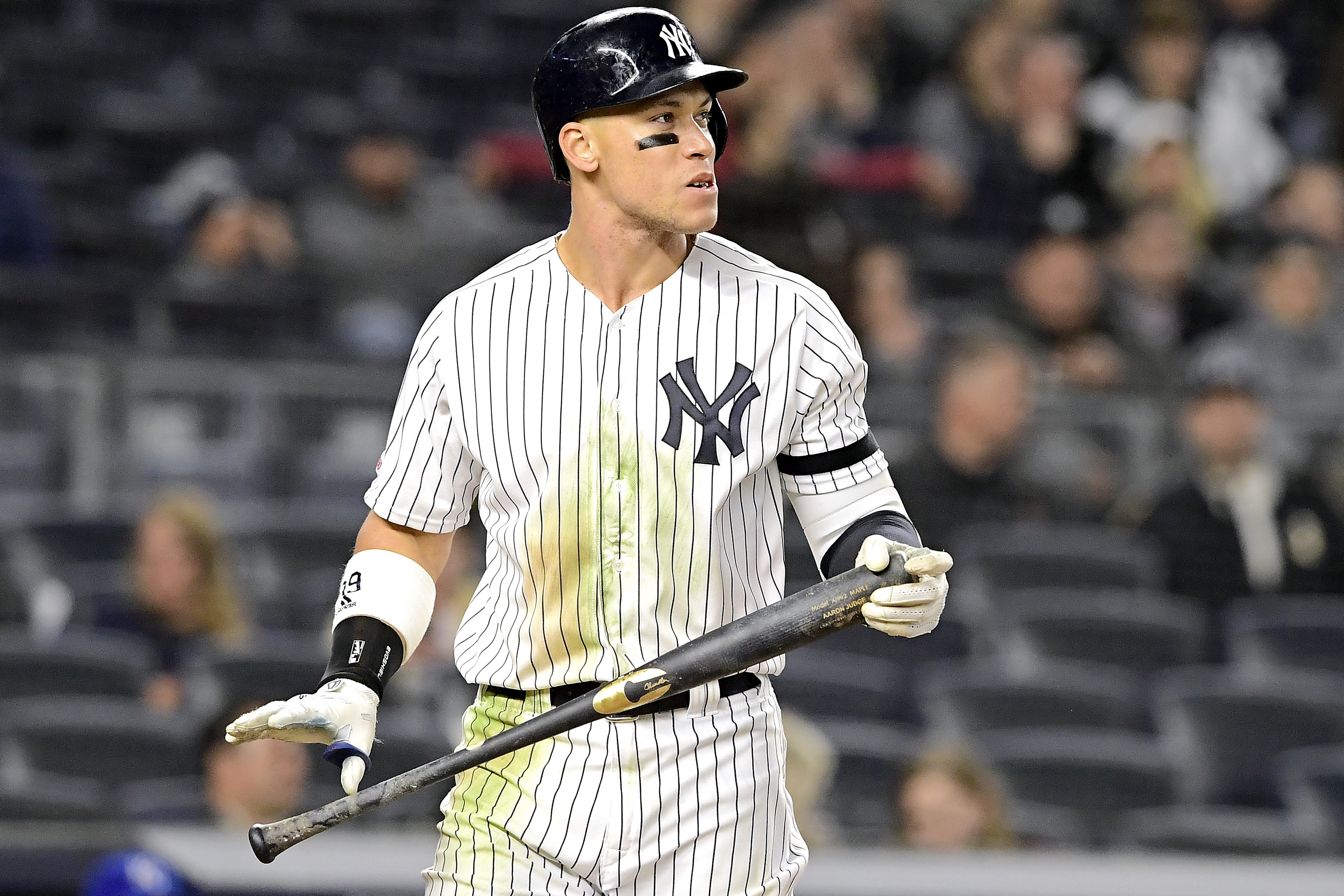 NEW YORK, NEW YORK - APRIL 18: Aaron Judge #99 of the New York Yankees reacts against the Kansas City Royals at Yankee Stadium on April 18, 2019 in New York City. The Royals defeated the Yankees 6-1. (Photo by Steven Ryan/Getty Images)