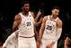 NEW YORK, NEW YORK - APRIL 20: Joel Embiid #21 and Ben Simmons #25 of the Philadelphia 76ers celebrate the win over the Brooklyn Nets at Barclays Center on April 20, 2019 in the Brooklyn borough of New York City.The Philadelphia 76ers defeated the Brooklyn Nets 112-108. NOTE TO USER: User expressly acknowledges and agrees that, by downloading and or using this photograph, User is consenting to the terms and conditions of the Getty Images License Agreement. (Photo by Elsa/Getty Images)
