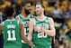 INDIANAPOLIS, INDIANA - APRIL 21: Kyrie Irving #11 ,Marcus Morris #13 and Gordon Hayward #20 of the Boston Celtics celebrates in the 110-106 win over the Indiana Pacers in game four of the first round of the 2019 NBA Playoffs at Bankers Life Fieldhouse on April 21, 2019 in Indianapolis, Indiana. NOTE TO USER: User expressly acknowledges and agrees that , by downloading and or using this photograph, User is consenting to the terms and conditions of the Getty Images License Agreement. (Photo by Andy Lyons/Getty Images)