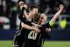 TURIN, ITALY - APRIL 16: Joel Veltman of Ajax of Ajax celebrate the victory with Lasse Schone of Ajax, Matthijs de Ligt of Ajax during the UEFA Champions League match between Juventus v Ajax at the Allianz Stadium on April 16, 2019 in Turin Italy (Photo by Erwin Spek/Soccrates/Getty Images)