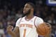 New York Knicks' Emmanuel Mudiay (1) moves the ball against the Orlando Magic during the first half of an NBA basketball game, Wednesday, April 3, 2019, in Orlando, Fla. (AP Photo/John Raoux)