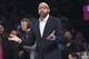 New York Knicks coach David Fizdale gestures during the first half of the team's NBA basketball game against the Detroit Pistons, Wednesday, April 10, 2019, at Madison Square Garden in New York. (AP Photo/Mary Altaffer)