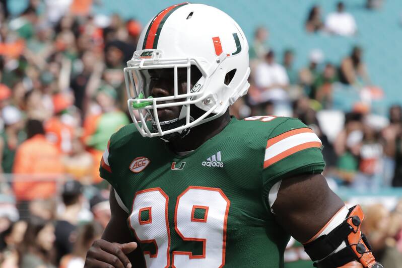 Miami defensive lineman Joe Jackson (99) does drills before an NCAA college football game against Florida State, Saturday, Oct. 6, 2018, in Miami Gardens, Fla. (AP Photo/Lynne Sladky)