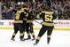 BOSTON, MASSACHUSETTS - APRIL 23: Joakim Nordstrom #20 of the Boston Bruins, center, celebrates with Matt Grzelcyk #48, Noel Acciari #55, and Sean Kuraly #52 after scoring a goal against the Toronto Maple Leafs during the first period of Game Seven of the Eastern Conference First Round during the 2019 NHL Stanley Cup Playoffs at TD Garden on April 23, 2019 in Boston, Massachusetts. (Photo by Maddie Meyer/Getty Images)