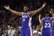 Philadelphia 76ers' Joel Embiid, of Cameroon, reacts to his basket during the first half in Game 5 of a first-round NBA basketball playoff series against the Brooklyn Nets, Tuesday, April 23, 2019, in Philadelphia. (AP Photo/Chris Szagola)