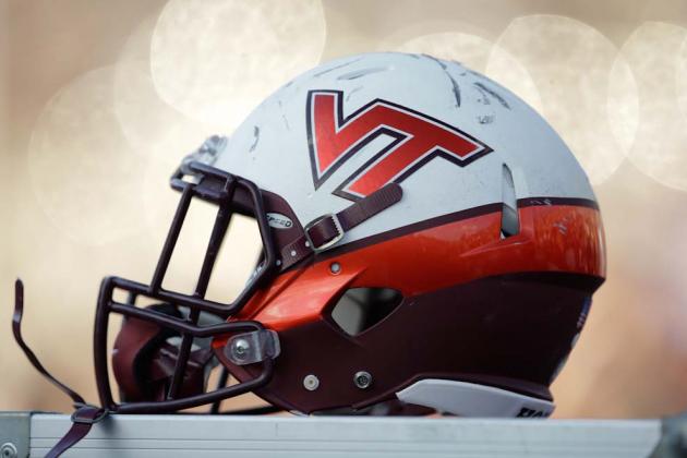 A Virginia Tech helmet is seen during the second half of an NCAA college football game against Purdue, Saturday, Sept. 19, 2015 in West Lafayette, Ind. Virginia Tech won the game 51-24. (AP Photo/Darron Cummings)