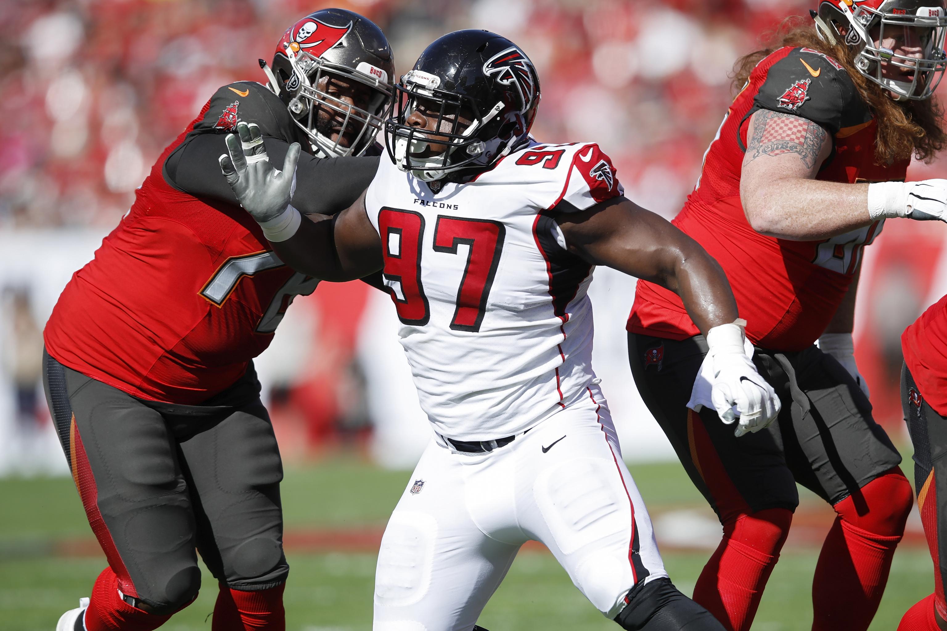 Atlanta Falcons defensive lineman Grady Jarrett #97 reacts during