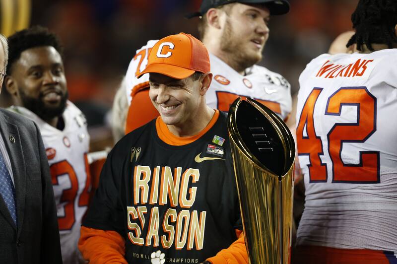 SANTA CLARA, CA - JANUARY 07: Head Coach Dabo Swinney of the Clemson Tigers celebrates on the field following the game against the Alabama Crimson Tide in the CFP National Championship presented by AT&T at Levi's Stadium on January 7, 2019 in Santa Clara, California (Photo by Michael Zagaris/Getty Images)