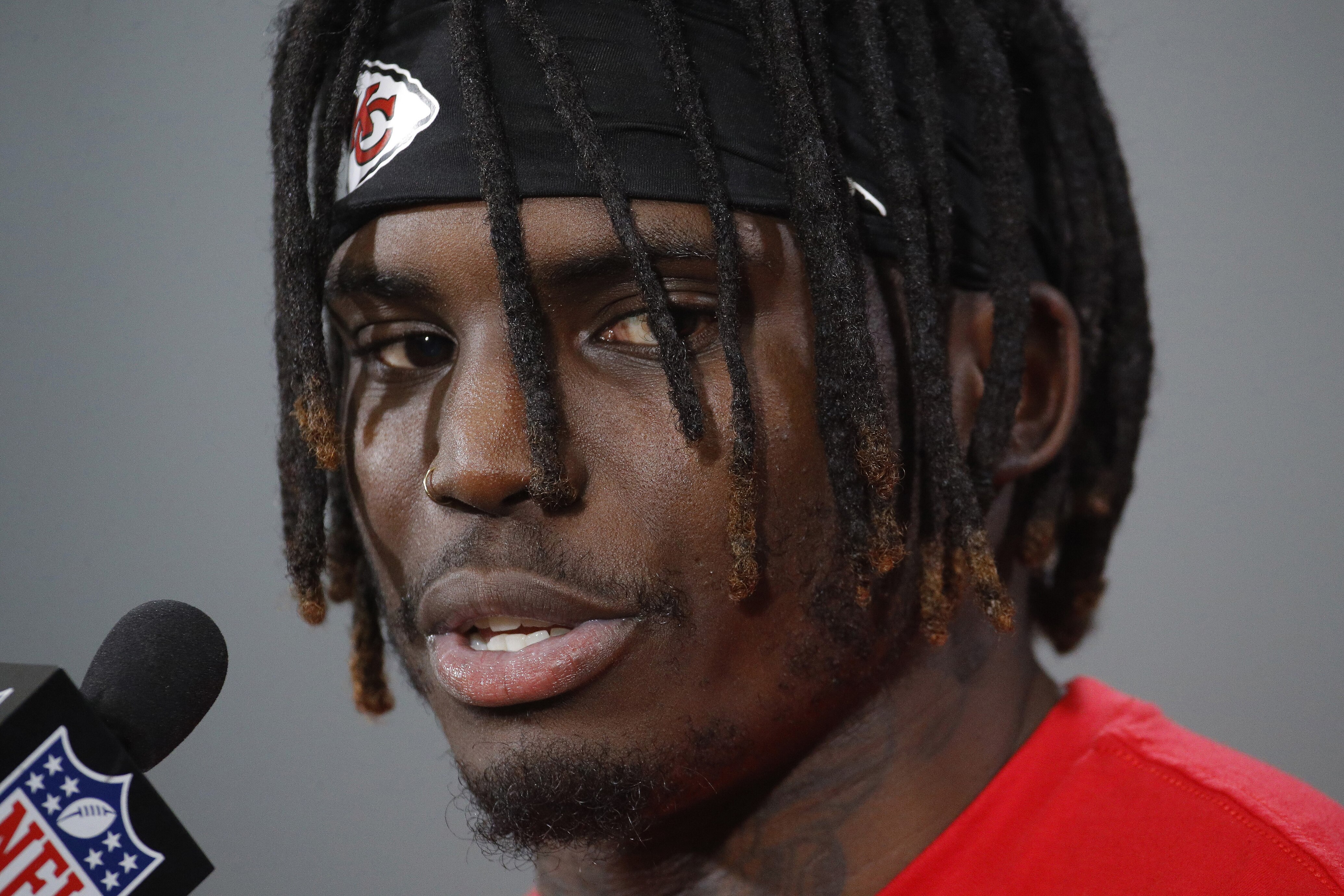 Tyreek Hill, pictured in a January media session, was suspended by the Chiefs on Thursday.
