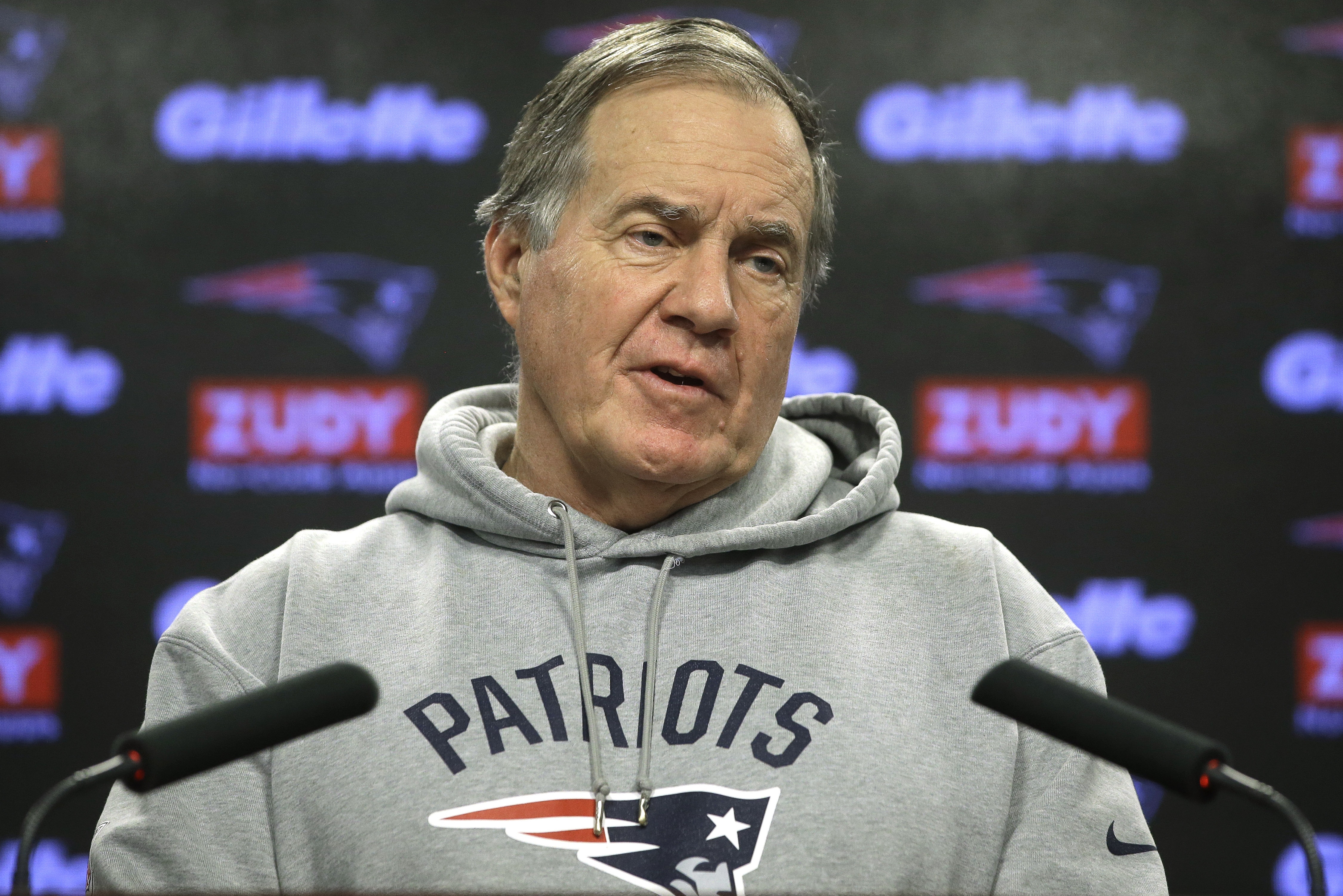 New England Patriots head coach Bill Belichick speaks to the media before an NFL football practice, Thursday, Jan. 24, 2019, in Foxborough, Mass. The Los Angeles Rams are to play the New England Patriots in Super Bowl 53 on Feb. 3, in Atlanta, Ga. (AP Photo/Steven Senne)