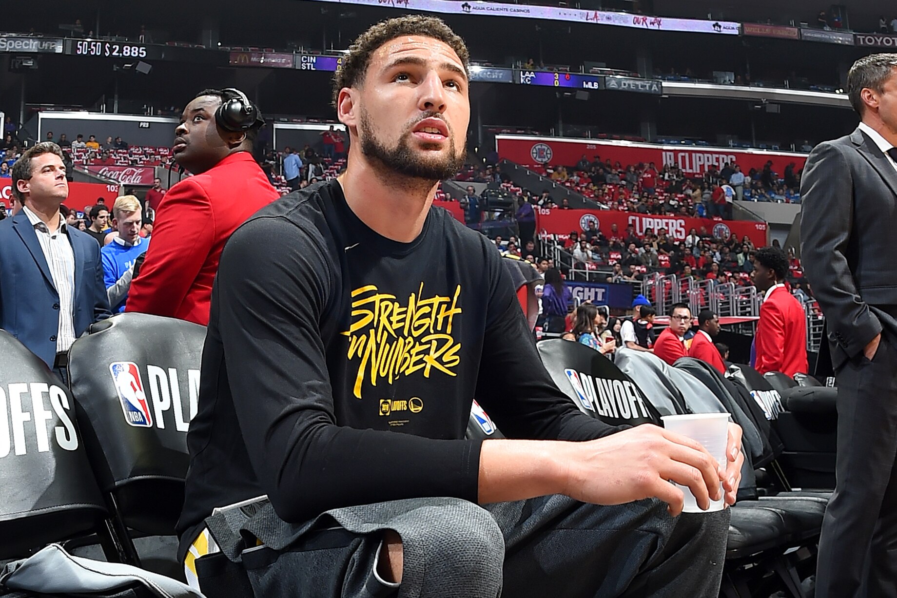 LOS ANGELES, CA - APRIL 26: Klay Thompson #11 of the Golden State Warriors looks on before Game Six of Round One against the LA Clippers during the 2019 NBA Playoffs on April 26, 2019 at STAPLES Center in Los Angeles, California. NOTE TO USER: User expressly acknowledges and agrees that, by downloading and/or using this photograph, user is consenting to the terms and conditions of the Getty Images License Agreement. Mandatory Copyright Notice: Copyright 2019 NBAE (Photo by Andrew D. Bernstein/NBAE via Getty Images)