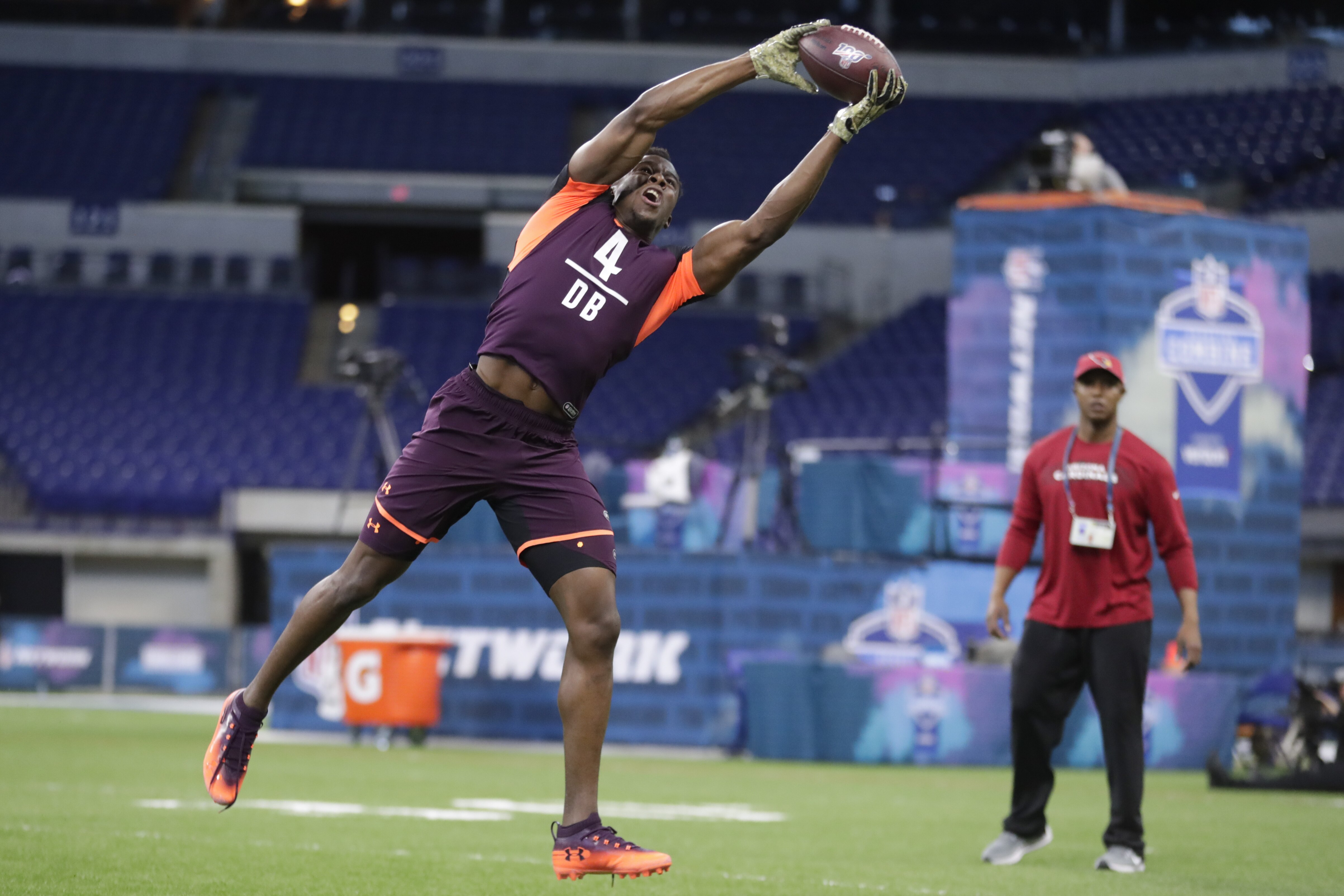 Washburn defensive back Corey Ballentine runs a drill at the NFL football scouting combine in Indianapolis, Monday, March 4, 2019. (AP Photo/Michael Conroy)