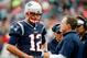 FOXBORO, MA - OCTOBER 29: Head coach Bill Belichick of the New England Patriots talks with Tom Brady #12 during the fourth quarter of a game against the Los Angeles Chargers at Gillette Stadium on October 29, 2017 in Foxboro, Massachusetts. (Photo by Jim Rogash/Getty Images)