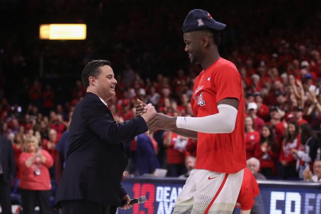 TUCSON, AZ - MARCH 03: Head coach Sean Miller of the Arizona Wildcats greets Deandre Ayton #13 after defeating the California Golden Bears 66-54 to win the PAC-12 Championship at McKale Center on March 3, 2018 in Tucson, Arizona. (Photo by Christian Petersen/Getty Images)