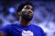 TORONTO, ON - APRIL 27: Joel Embiid #21 of the Philadelphia 76ers looks on during warm up, prior to Game One of the second round of the 2019 NBA Playoffs against the Toronto Raptors at Scotiabank Arena on April 27, 2019 in Toronto, Canada. NOTE TO USER: User expressly acknowledges and agrees that, by downloading and or using this photograph, User is consenting to the terms and conditions of the Getty Images License Agreement. (Photo by Vaughn Ridley/Getty Images)