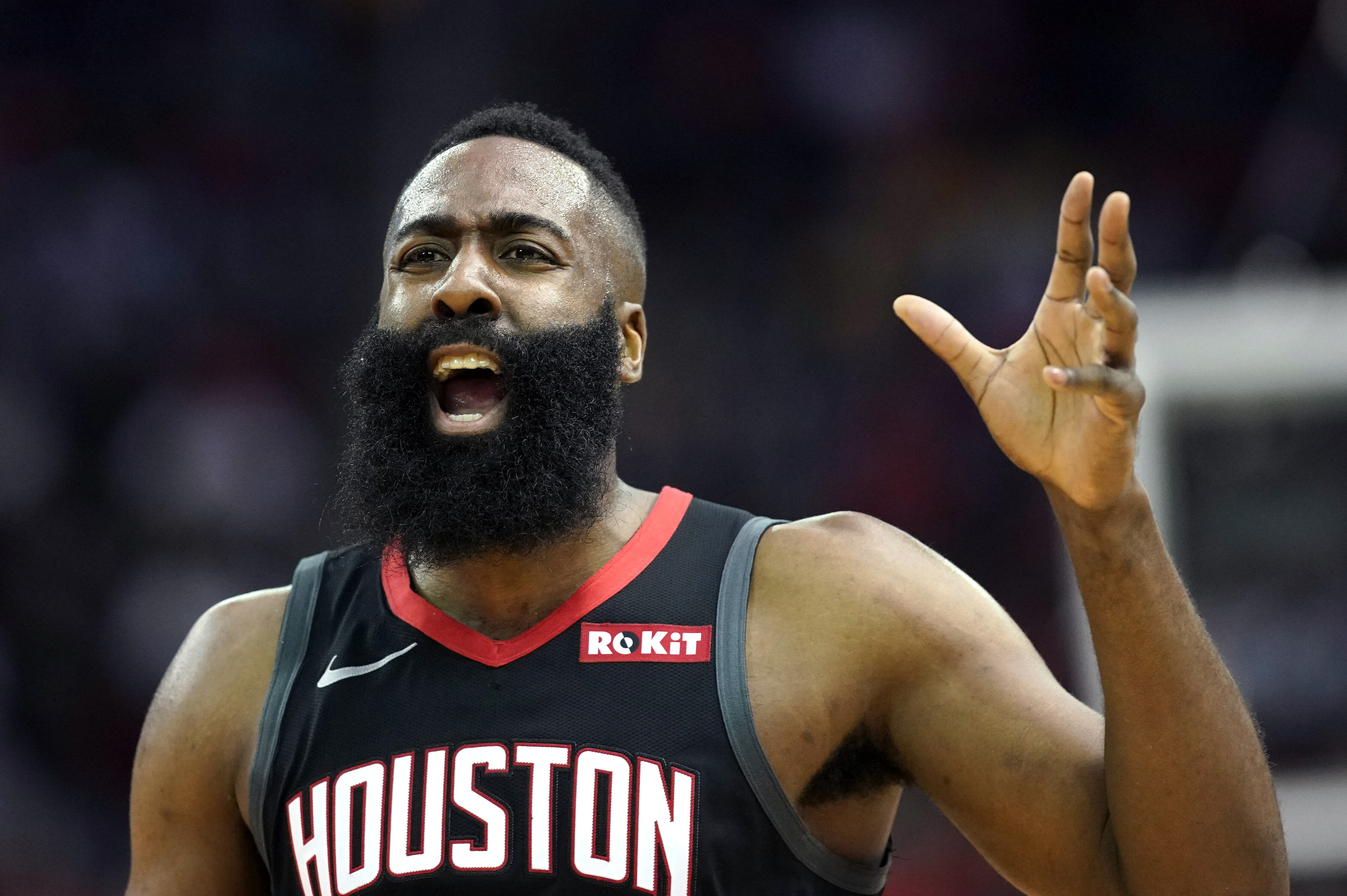 Houston Rockets' James Harden reacts after being called for a foul during the first half of an NBA basketball game against the Golden State Warriors, Wednesday, March 13, 2019, in Houston. (AP Photo/David J. Phillip)
