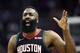 Houston Rockets' James Harden reacts after being called for a foul during the first half of an NBA basketball game against the Golden State Warriors, Wednesday, March 13, 2019, in Houston. (AP Photo/David J. Phillip)
