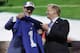 Duke quarterback Daniel Jones poses with NFL Commissioner Roger Goodell after the New York Giants selected Jones in the first round at the NFL football draft, Thursday, April 25, 2019, in Nashville, Tenn. (AP Photo/Mark Humphrey)