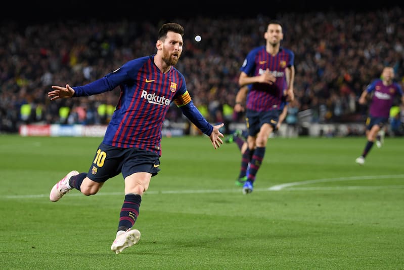 BARCELONA, SPAIN - MAY 01: Lionel Messi of Barcelona celebrates after he scores his sides third goal during the UEFA Champions League Semi Final first leg match between Barcelona and Liverpool at the Nou Camp on May 01, 2019 in Barcelona, Spain. (Photo by Matthias Hangst/Getty Images)