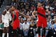 Portland Trail Blazers guard Damian Lillard, left, congratulates center Enes Kanter after his basket against the Denver Nuggets during the first half of Game 2 of an NBA basketball second-round playoff series Wednesday, May 1, 2019, in Denver. (AP Photo/David Zalubowski)