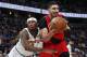 Denver Nuggets forward Torrey Craig, left, runs into Portland Trail Blazers center Enes Kanter, who pulls in a rebound during the first half of Game 2 of an NBA basketball second-round playoff series Wednesday, May 1, 2019, in Denver. (AP Photo/David Zalubowski)