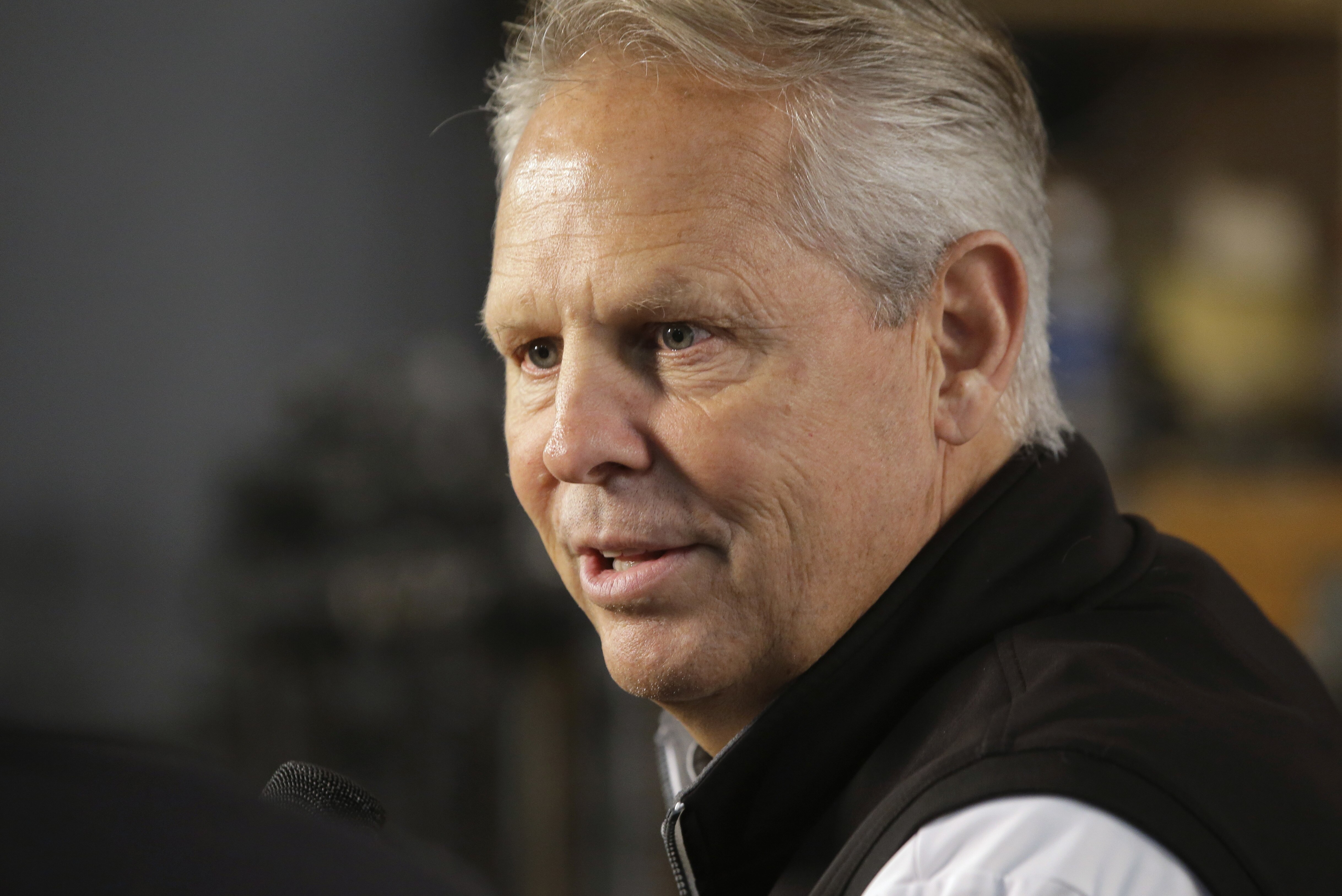 Boston Celtics general manager Danny Ainge speaks with members of the media during NBA basketball media day Monday, Sept. 25, 2017, in Canton, Mass. (AP Photo/Steven Senne)