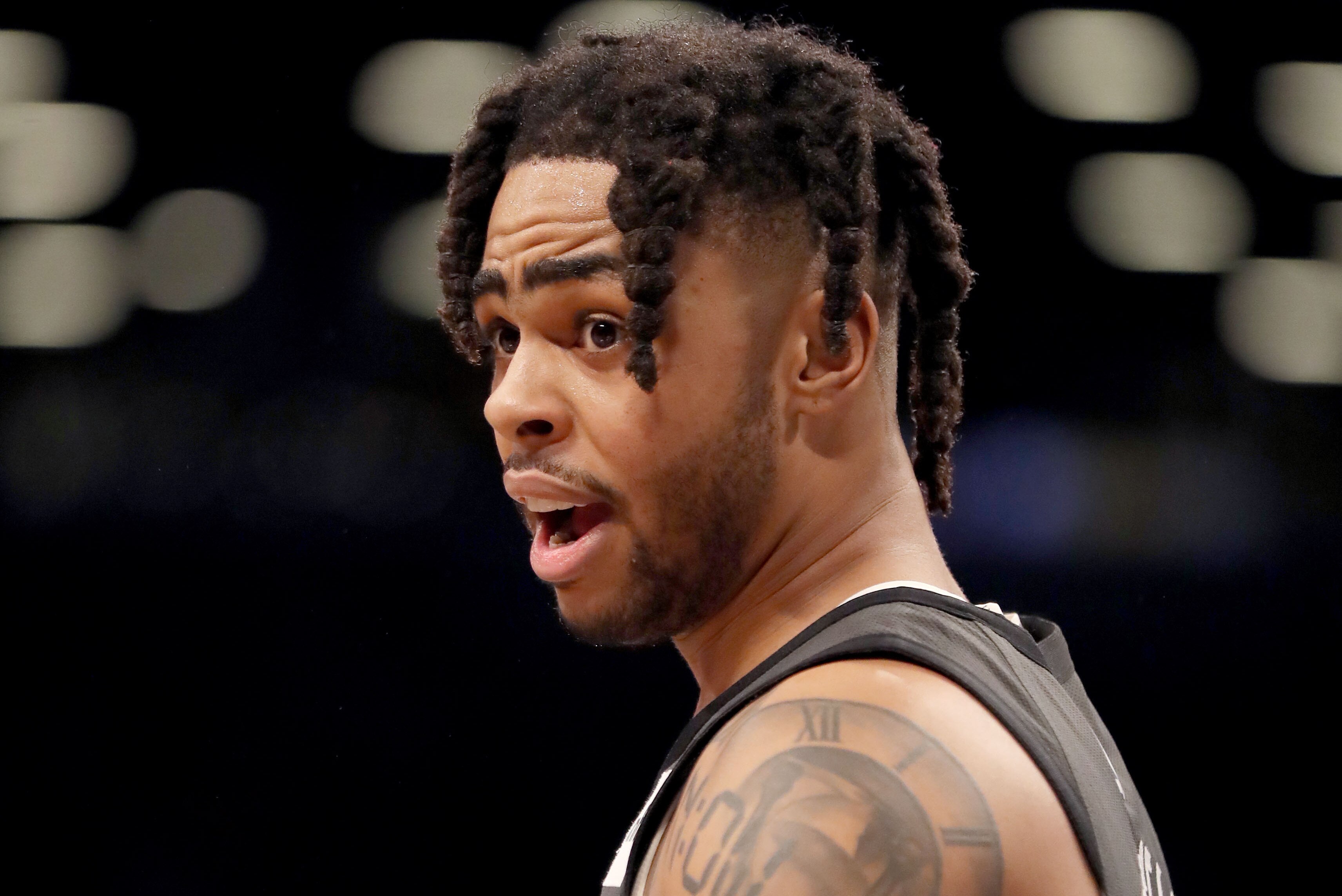 NEW YORK, NEW YORK - APRIL 20:  D'Angelo Russell #1 of the Brooklyn Nets reacts in the second half against the Philadelphia 76ers at Barclays Center on April 20, 2019 in the Brooklyn borough of New York City.The Philadelphia 76ers defeated the Brooklyn Nets 112-108. NOTE TO USER: User expressly acknowledges and agrees that, by downloading and or using this photograph, User is consenting to the terms and conditions of the Getty Images License Agreement. (Photo by Elsa/Getty Images)