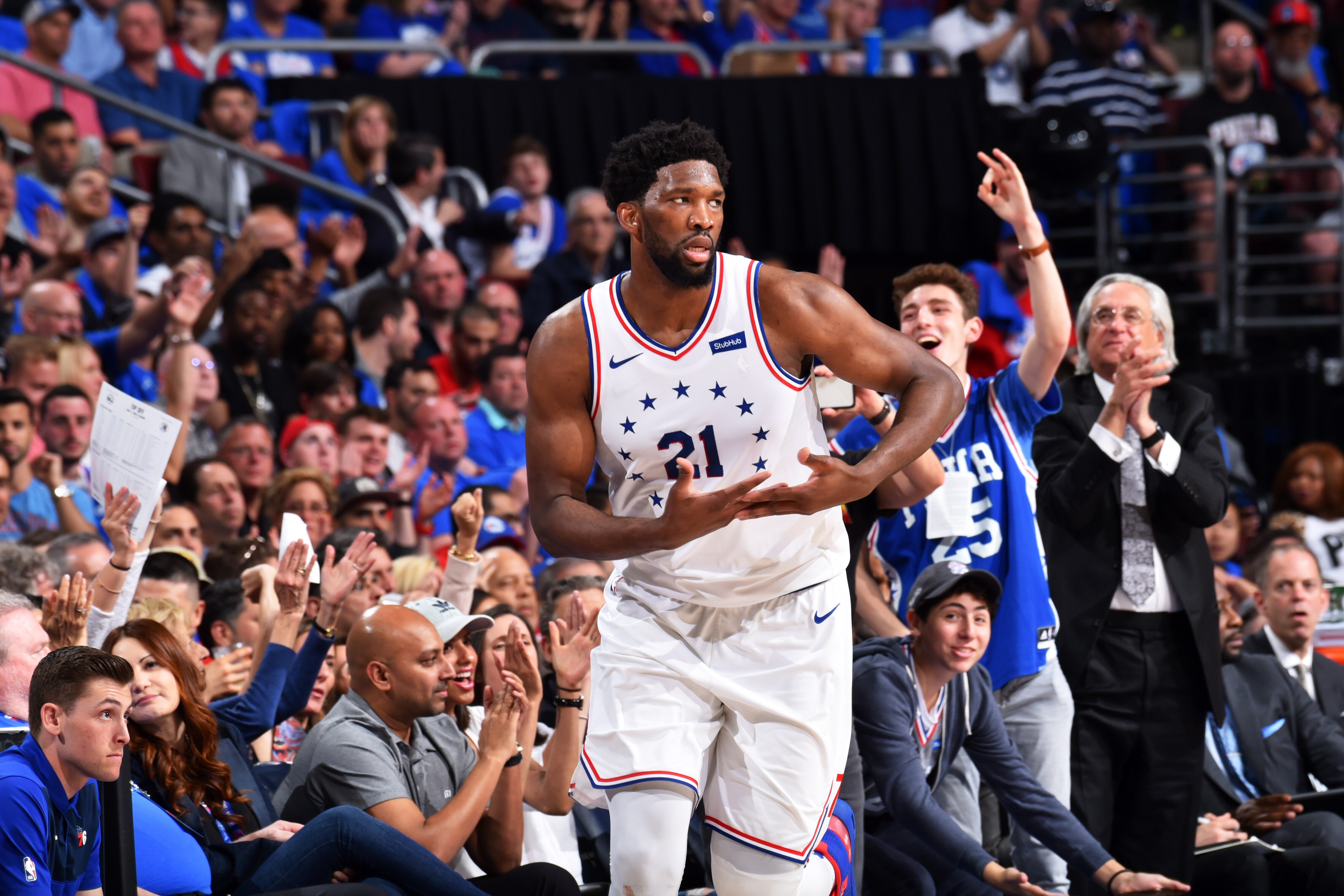 PHILADELPHIA, PA - MAY 2: Joel Embiid #21 of the Philadelphia 76ers reacts during a game against the Toronto Raptors during Game Three of the Eastern Conference Semifinals on May 2, 2019 at the Wells Fargo Center in Philadelphia, Pennsylvania NOTE TO USER: User expressly acknowledges and agrees that, by downloading and/or using this Photograph, user is consenting to the terms and conditions of the Getty Images License Agreement. Mandatory Copyright Notice: Copyright 2019 NBAE (Photo by Jesse D. Garrabrant/NBAE via Getty Images)