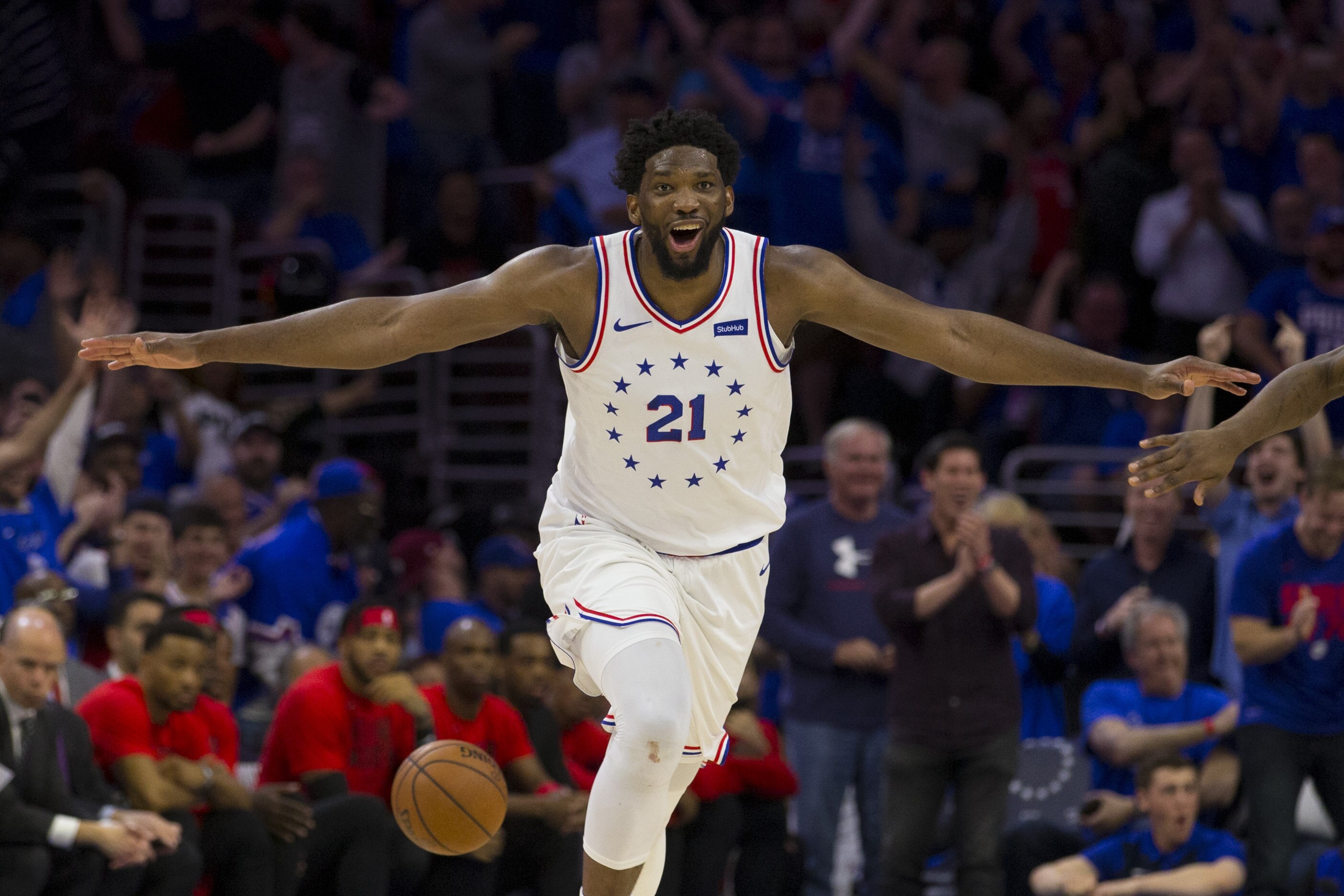 PHILADELPHIA, PA - MAY 02: Joel Embiid #21 of the Philadelphia 76ers reacts after dunking the ball against the Toronto Raptors in the fourth quarter of Game Three of the Eastern Conference Semifinals at the Wells Fargo Center on May 2, 2019 in Philadelphia, Pennsylvania. The 76ers defeated the Raptors 116-95. NOTE TO USER: User expressly acknowledges and agrees that, by downloading and or using this photograph, User is consenting to the terms and conditions of the Getty Images License Agreement. (Photo by Mitchell Leff/Getty Images)