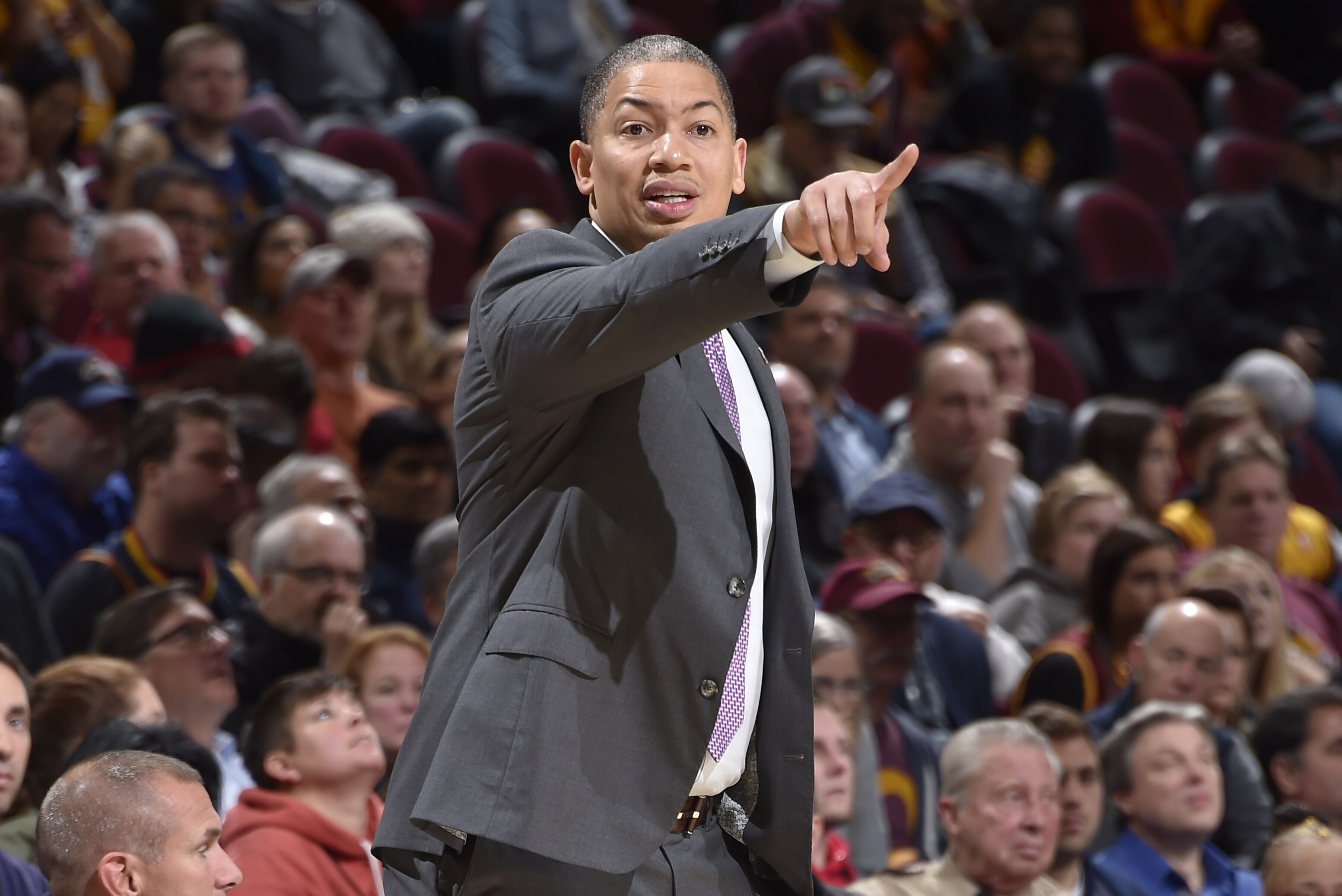 CLEVELAND, OH - OCTOBER 24: Head coach Tyronn Lue of the Cleveland Cavaliers reacts during the game against the Brooklyn Nets on October 24, 2018 at Quicken Loans Arena in Cleveland, Ohio. NOTE TO USER: User expressly acknowledges and agrees that, by downloading and/or using this photograph, user is consenting to the terms and conditions of the Getty Images License Agreement. Mandatory Copyright Notice: Copyright 2018 NBAE (Photo by David Liam Kyle/NBAE via Getty Images)