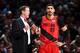 DENVER, CO - MAY 1: Head Coach Terry Stotts speaks with Enes Kanter #00 of the Portland Trail Blazers during Game Two of the Western Conference Semifinals of the 2019 NBA Playoffs against the Denver Nuggets on May 1, 2019 at the Pepsi Center in Denver, Colorado. NOTE TO USER: User expressly acknowledges and agrees that, by downloading and/or using this photograph, user is consenting to the terms and conditions of the Getty Images License Agreement. Mandatory Copyright Notice: Copyright 2019 NBAE (Photo by Garrett Ellwood/NBAE via Getty Images)