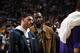 OKLAHOMA CITY, OK- APRIL 2: LeBron James #23 and Lonzo Ball #2 of the Los Angeles Lakers talk during a game against the Oklahoma City Thunder on April 2, 2019 at Chesapeake Energy Arena in Oklahoma City, Oklahoma. NOTE TO USER: User expressly acknowledges and agrees that, by downloading and or using this photograph, User is consenting to the terms and conditions of the Getty Images License Agreement. Mandatory Copyright Notice: Copyright 2019 NBAE (Photo by Jeff Haynes/NBAE via Getty Images)