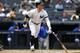 New York Yankees' Clint Frazier watches his three-run home run during the fifth inning of a baseball game against the Kansas City Royals on Sunday, April 21, 2019, in New York. (AP Photo/Adam Hunger)