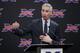 XFL Football Commissioner Oliver Luck talks to reporters before introducing former NFL football quarterback Jim Zorn as the head coach for Seattle's XFL football team, Monday, Feb. 25, 2019, in Seattle. The team will begin play in 2020. (AP Photo/Ted S. Warren)
