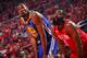 HOUSTON, TX - MAY 6: Kevin Durant #35 of the Golden State Warriors and James Harden #13 of the Houston Rockets look on during Game Four of the Western Conference Semifinals of the 2019 NBA Playoffs on May 6, 2019 at the Toyota Center in Houston, Texas. NOTE TO USER: User expressly acknowledges and agrees that, by downloading and/or using this photograph, user is consenting to the terms and conditions of the Getty Images License Agreement. Mandatory Copyright Notice: Copyright 2019 NBAE (Photo by Bill Baptist/NBAE via Getty Images)